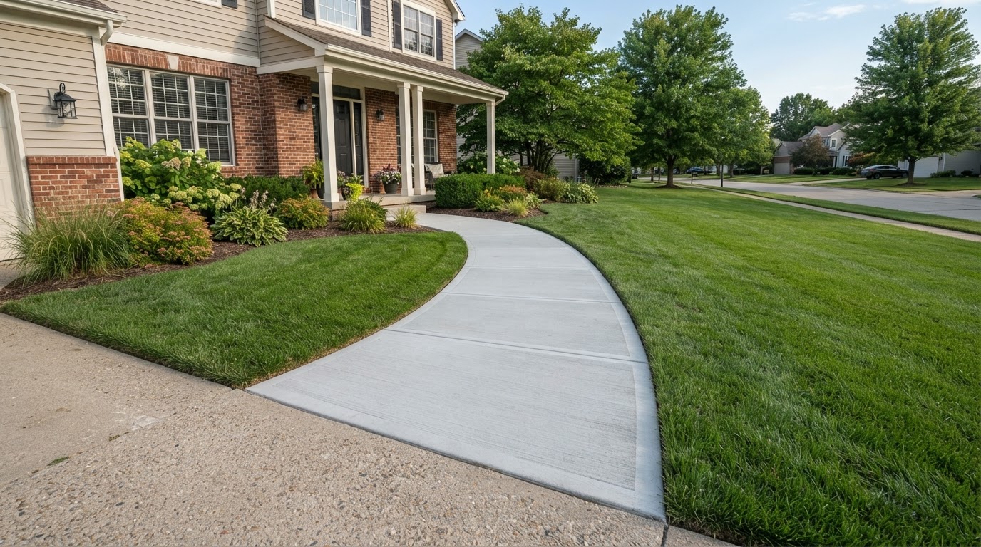 Concrete sidewalk and walkway installation in Schererville style neighborhood