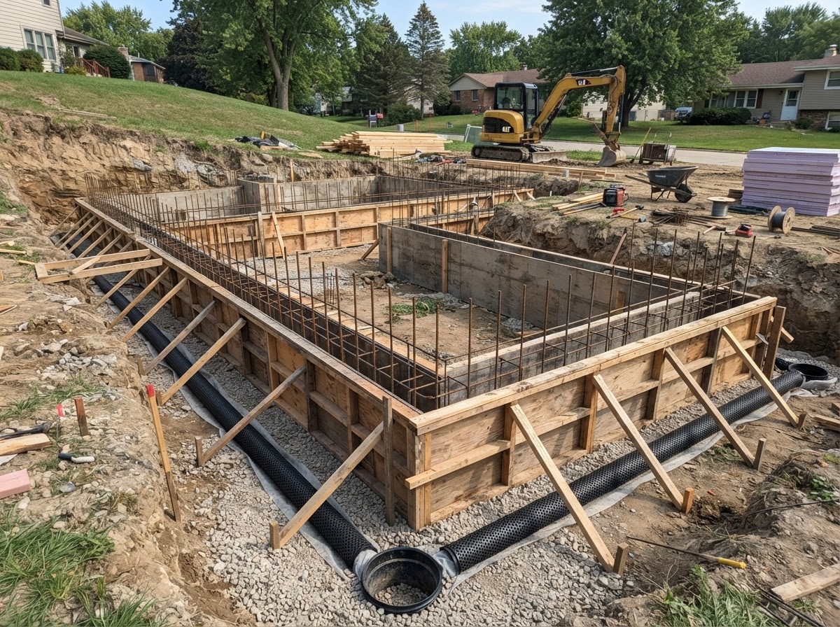 Concrete foundation forms and reinforcement