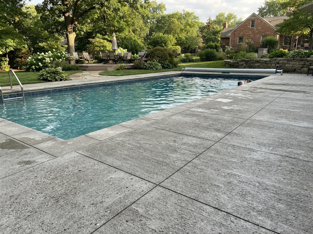 Concrete pool deck with textured finish in a residential setting