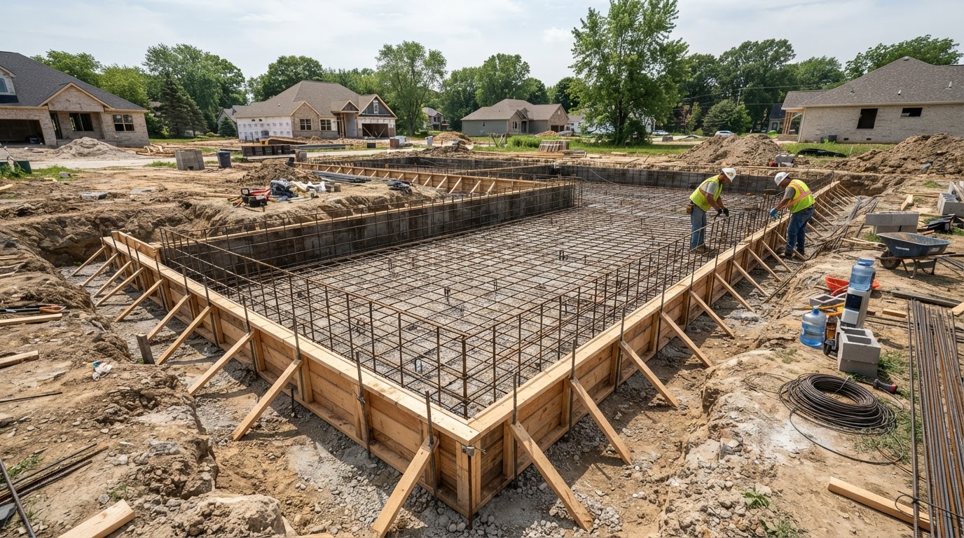Concrete foundation forms and reinforcement