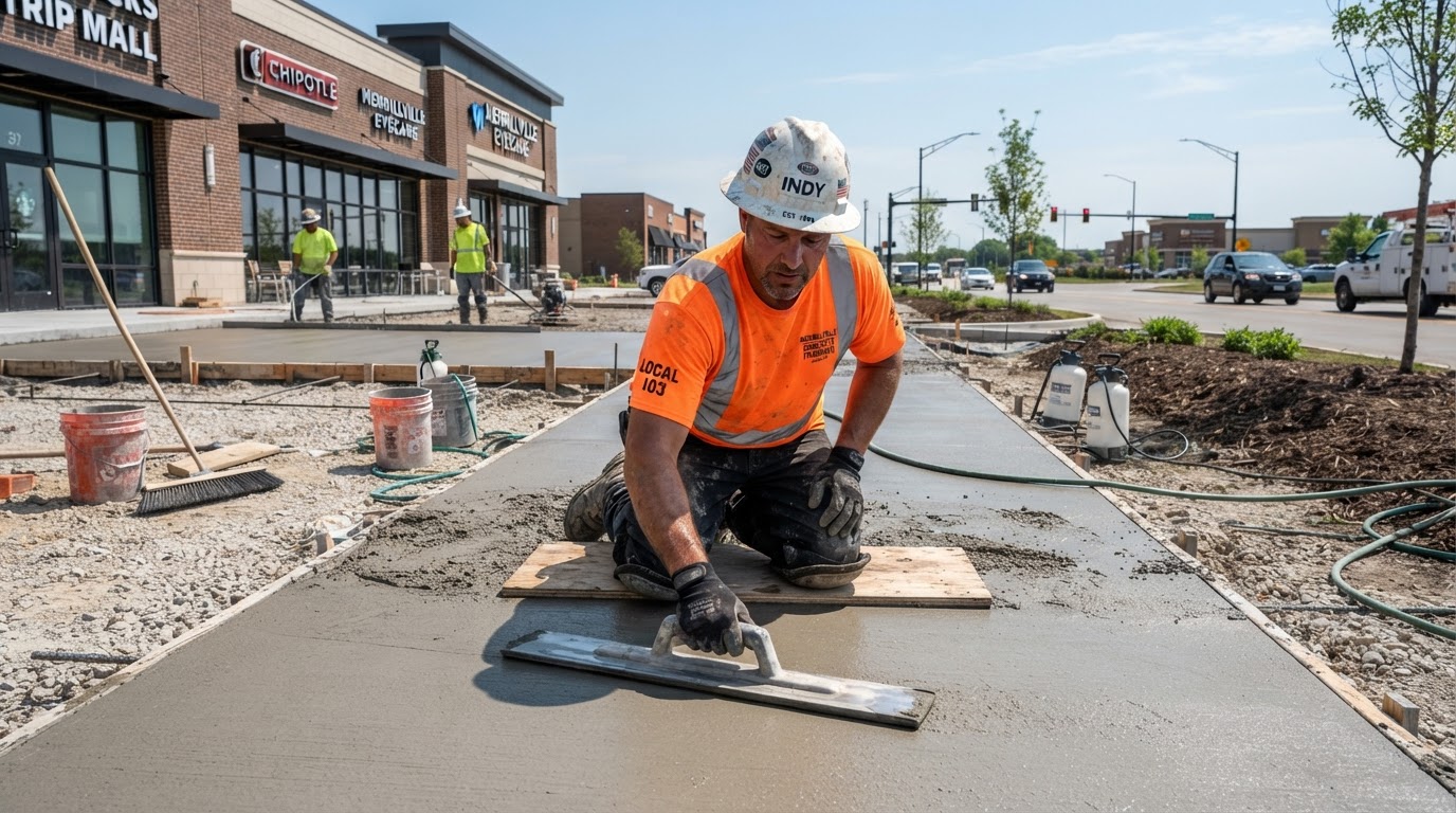 Active concrete finishing on a Merrillville residential driveway