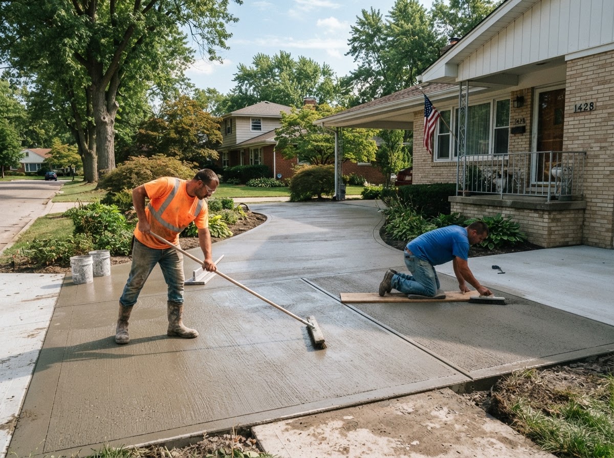 Broom finishing a concrete driveway in Griffith