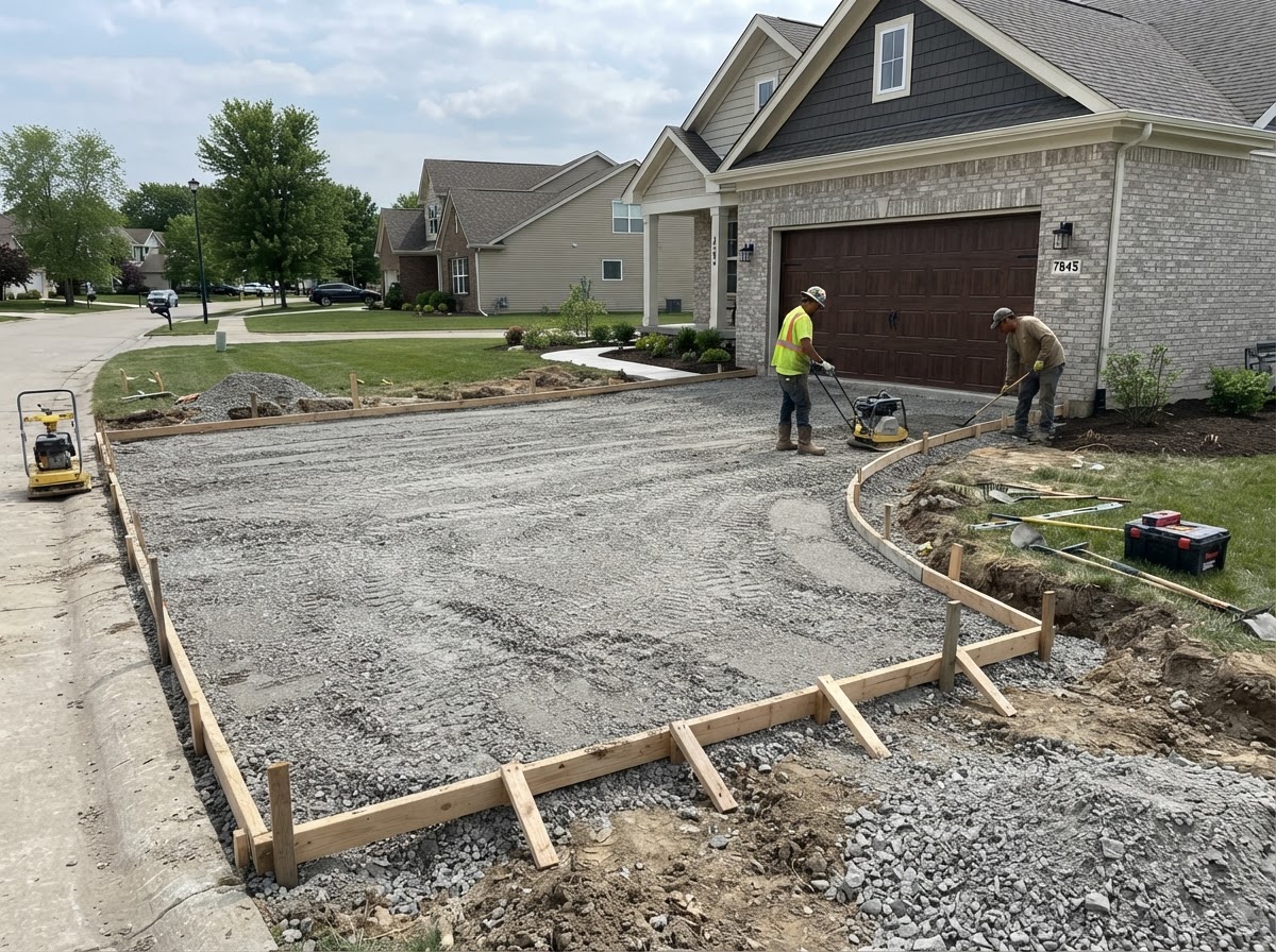 Concrete driveway base preparation and forms in Merrillville