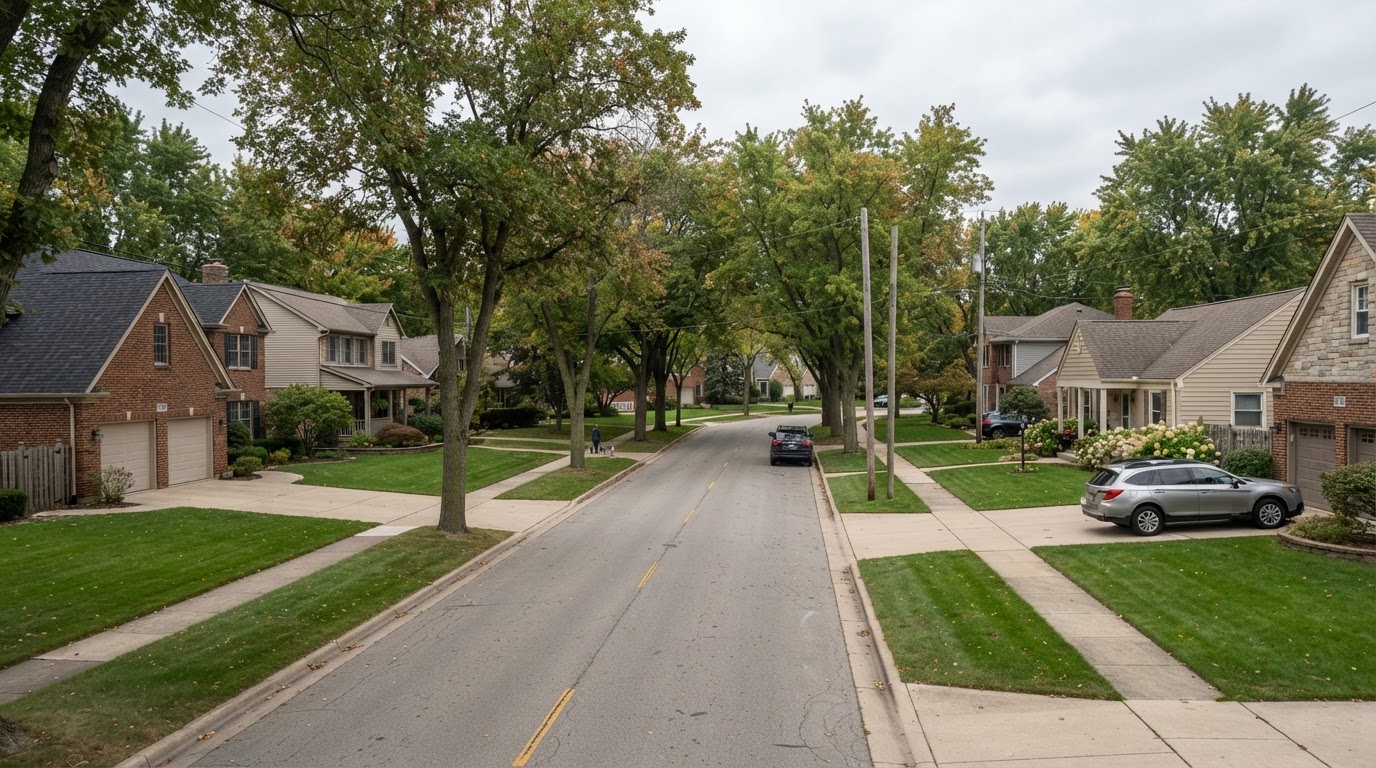 Northwest Indiana residential neighborhood street with homes, driveways and sidewalks