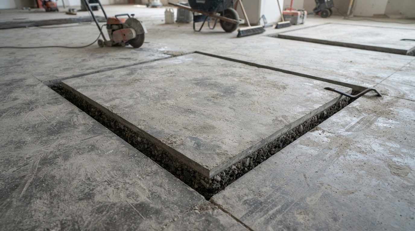 Clean concrete saw cut prepared for removal