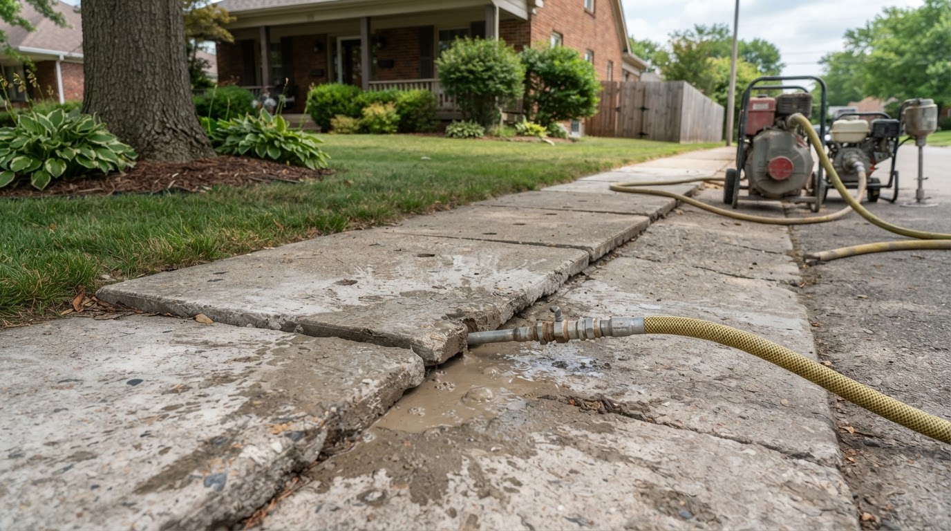Mudjacking injection setup on settled concrete