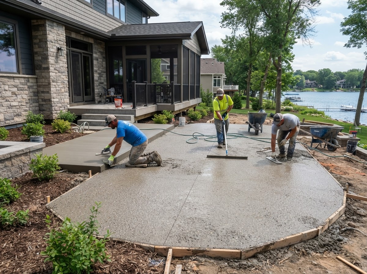Workers finishing a concrete patio in Cedar Lake