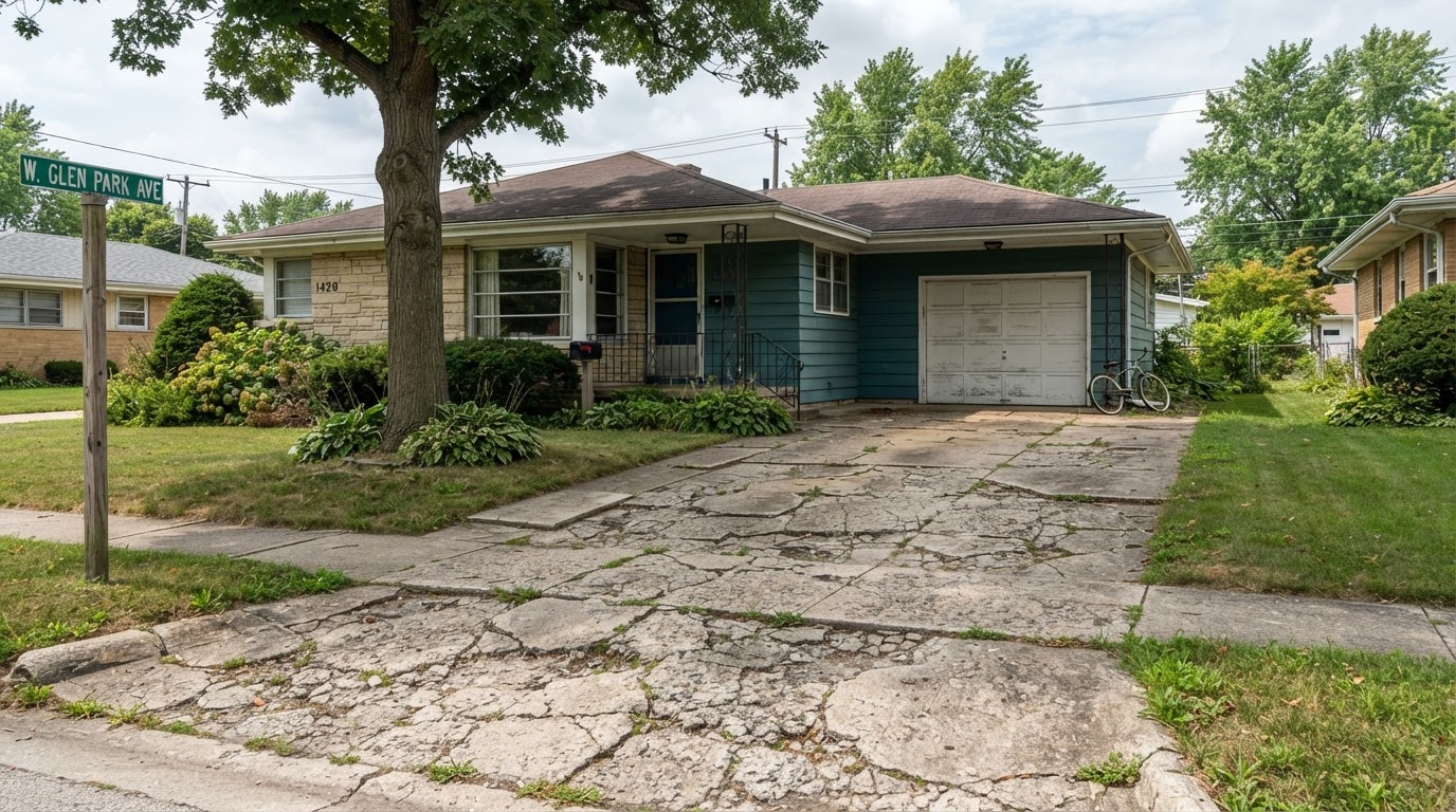 Aging concrete driveway at a mid-century 1950s Griffith style home