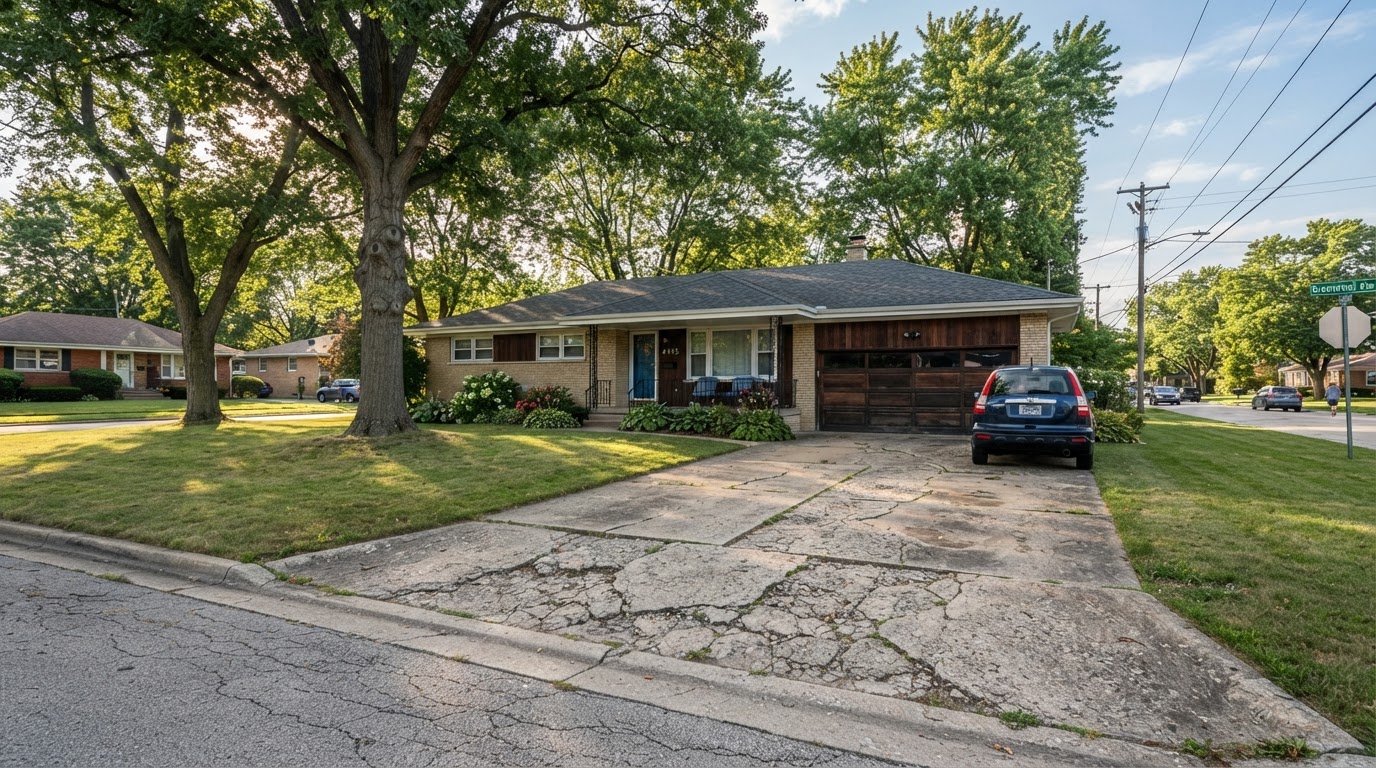 Aging concrete driveway at an established 1970s Munster style home