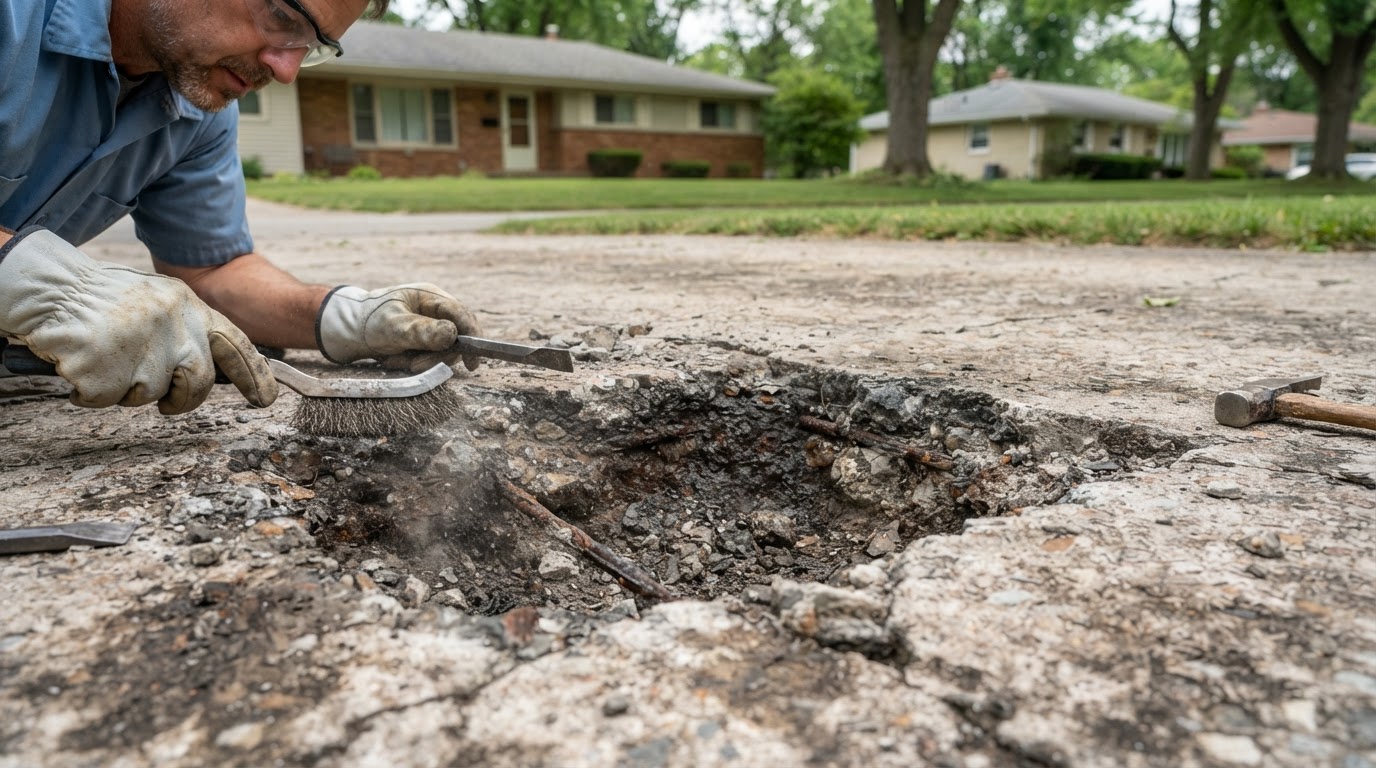 Concrete spalling repair on an aging Highland mid-century driveway