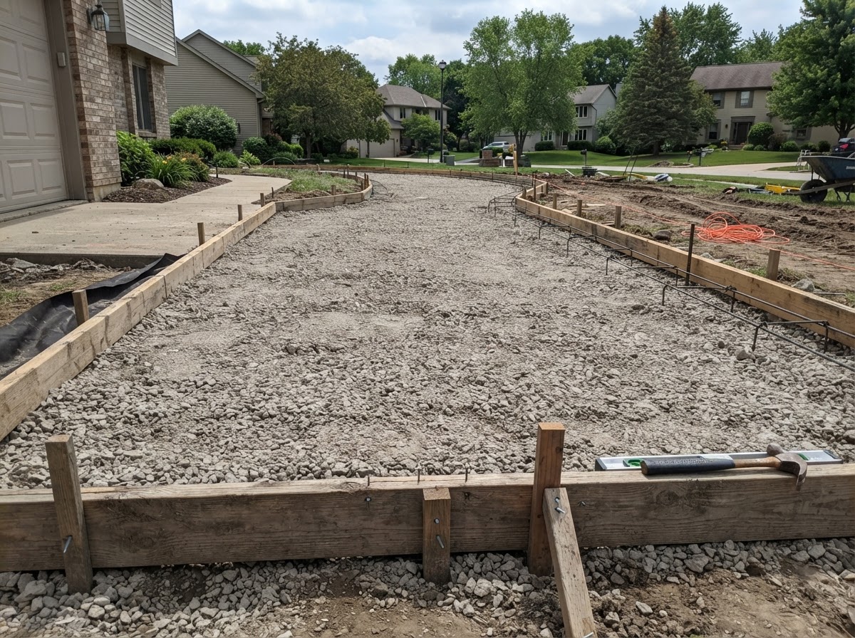 Compacted aggregate base and forms prepared for a Dyer concrete driveway