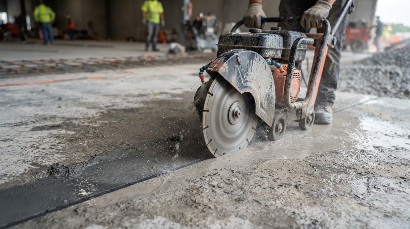 Diamond-blade concrete saw cutting