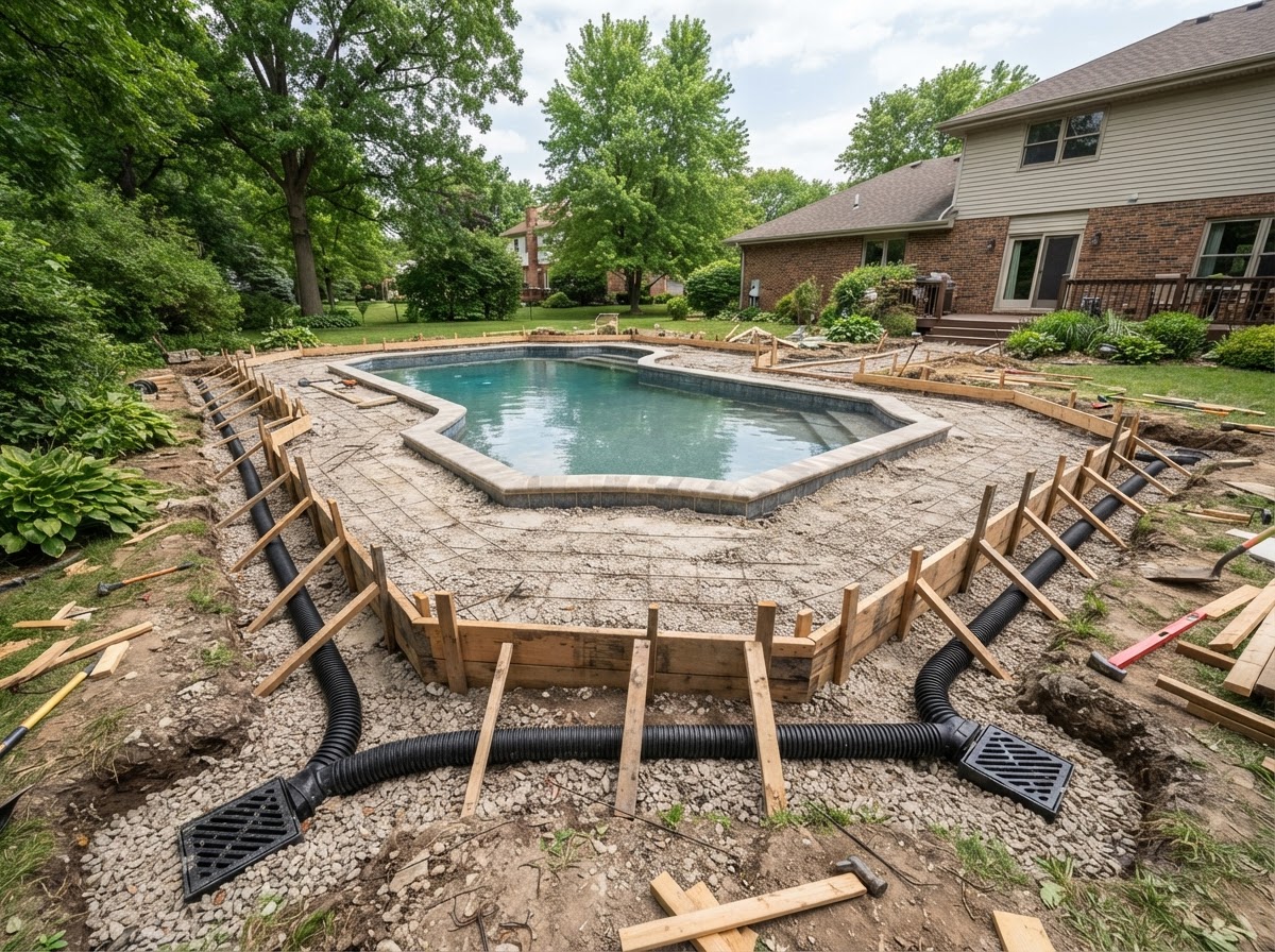 Concrete pool deck form and drainage preparation