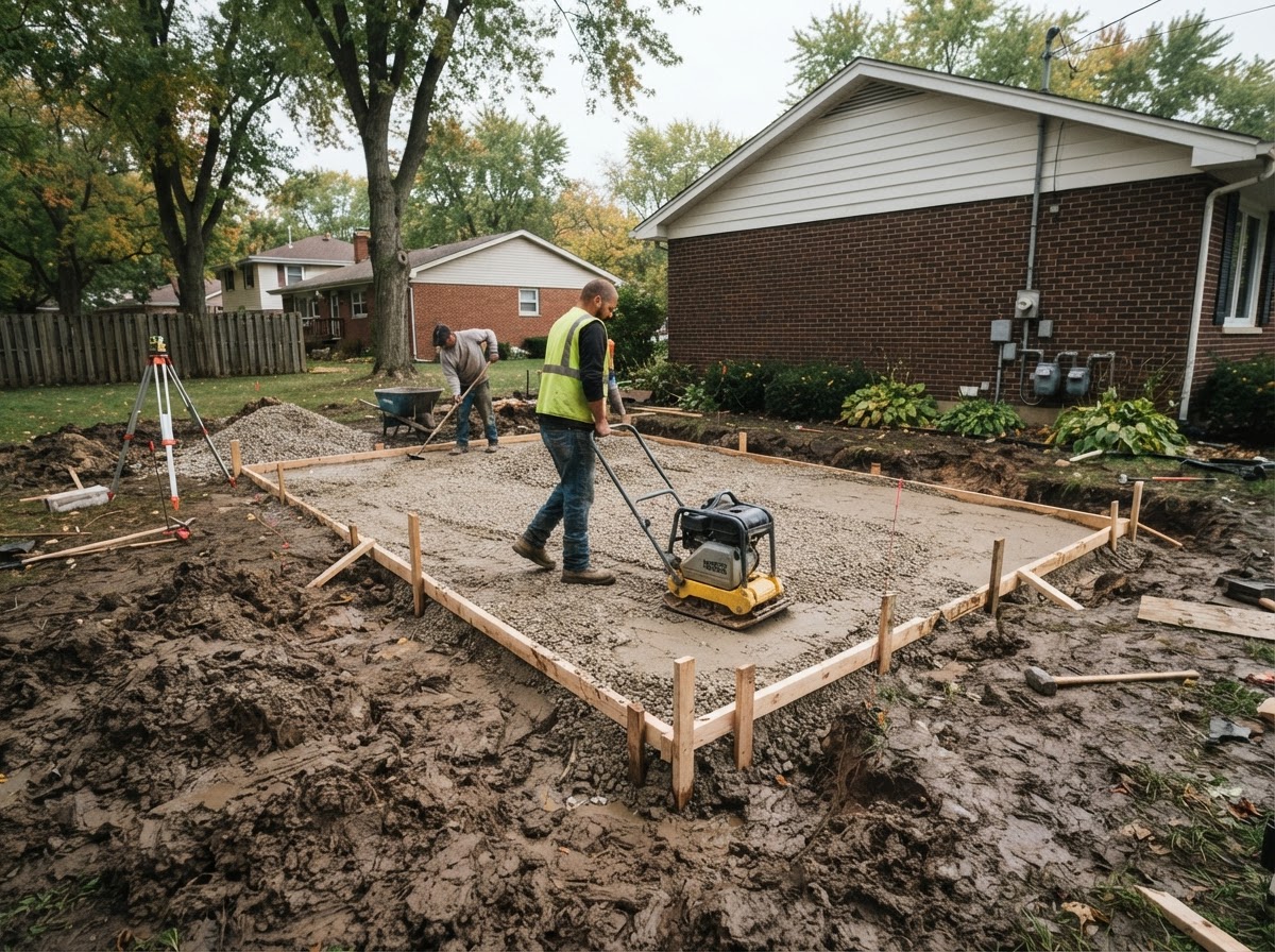 Concrete patio base preparation and grading in Crown Point