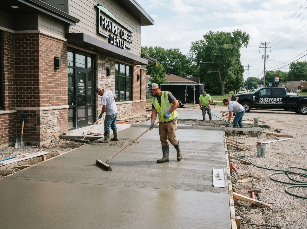 Workers finishing commercial concrete in Merrillville