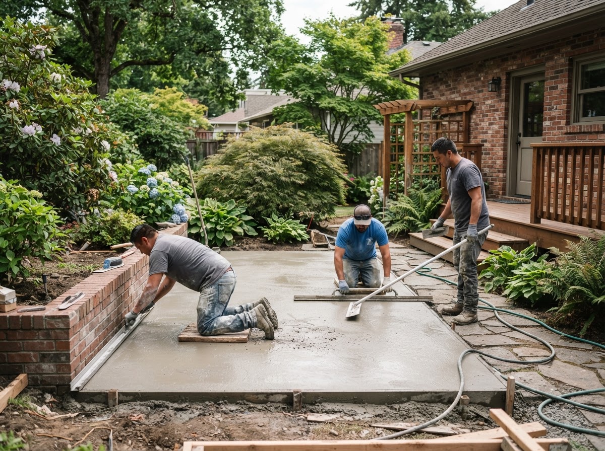 Workers finishing a concrete patio in Munster