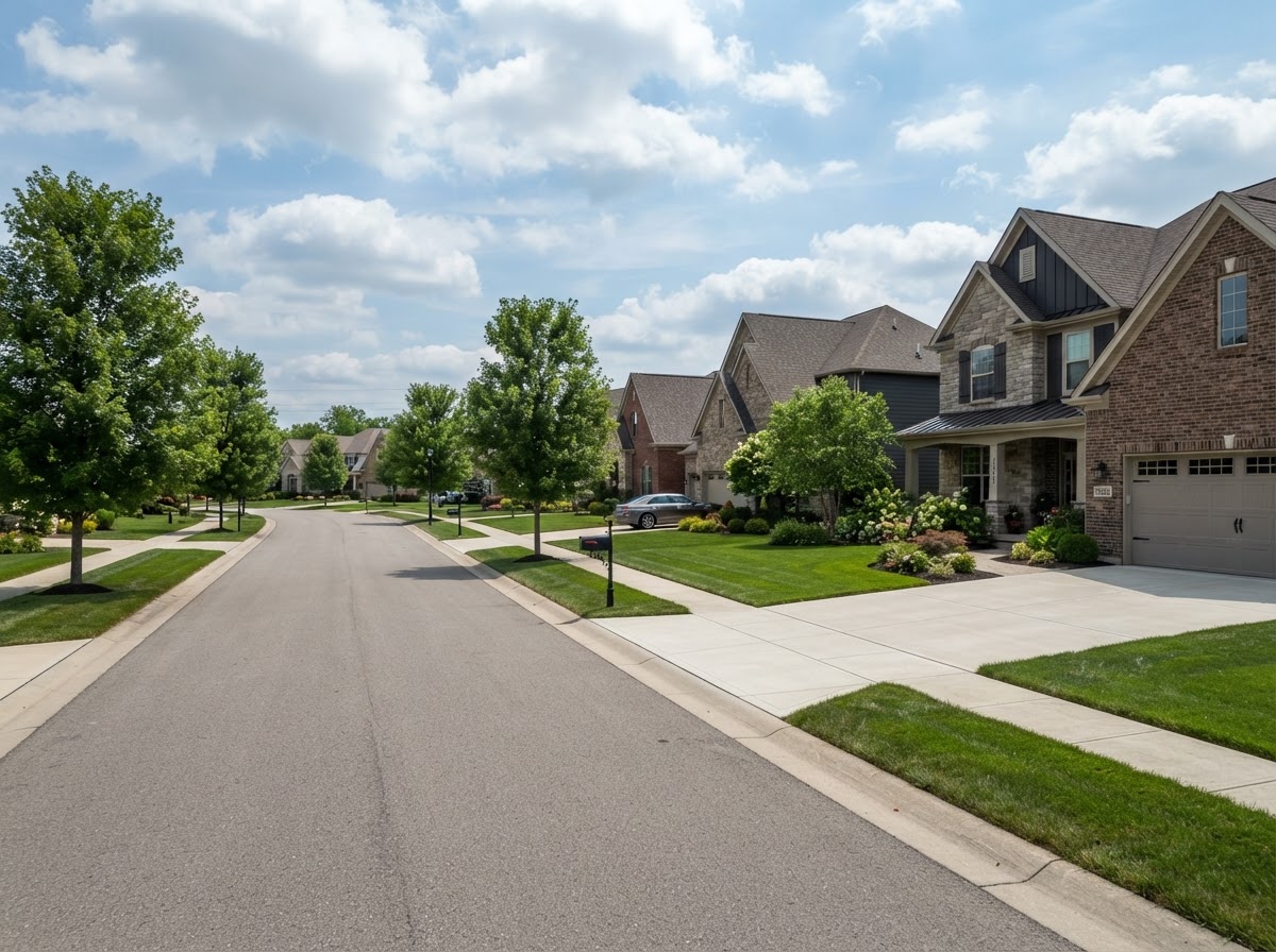 Newer St. John style residential streetscape with concrete driveways and walkways