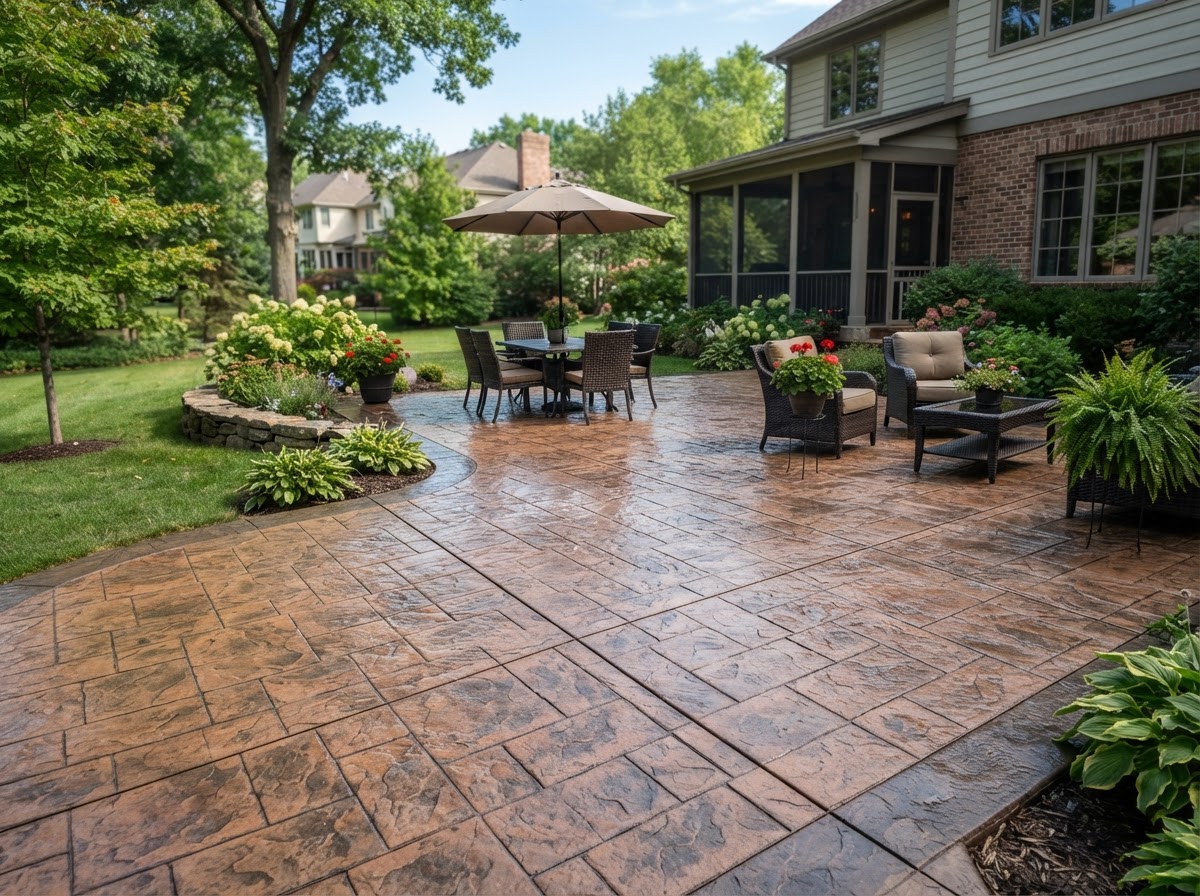 Stamped concrete patio with decorative textured finish