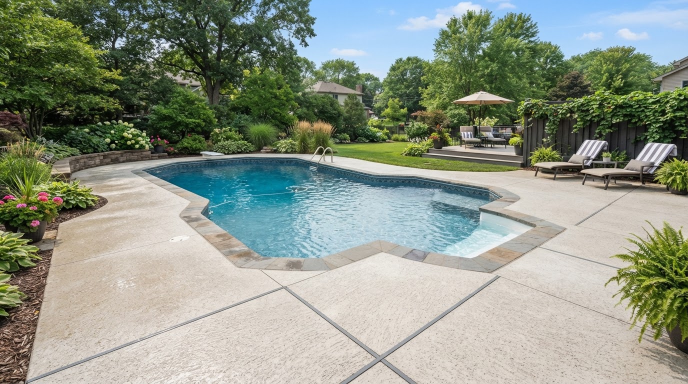 Textured concrete pool deck in a residential backyard