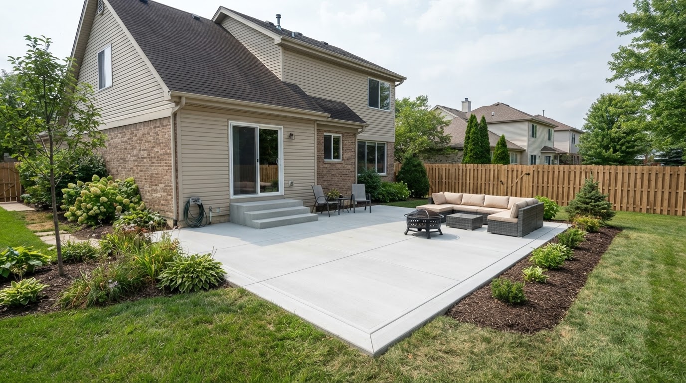 Concrete patio installation in a Dyer residential setting