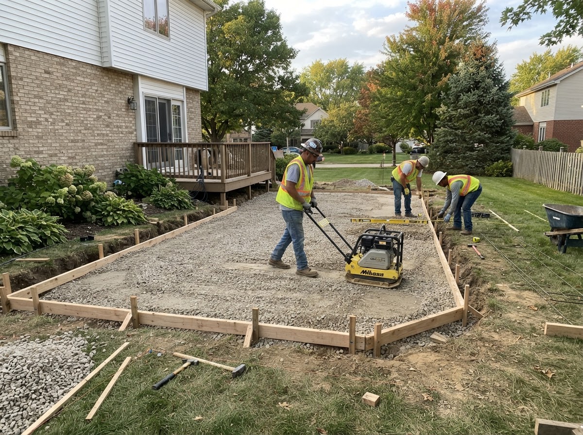 Concrete patio base preparation and forms in Dyer