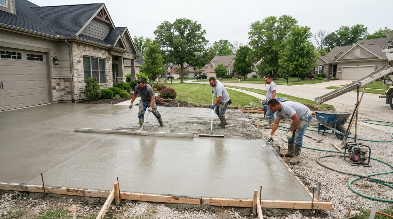 Residential concrete installation in Schererville style neighborhood