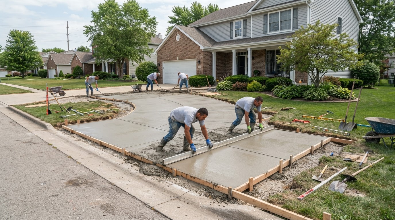 Concrete driveway installation in Schererville style residential setting