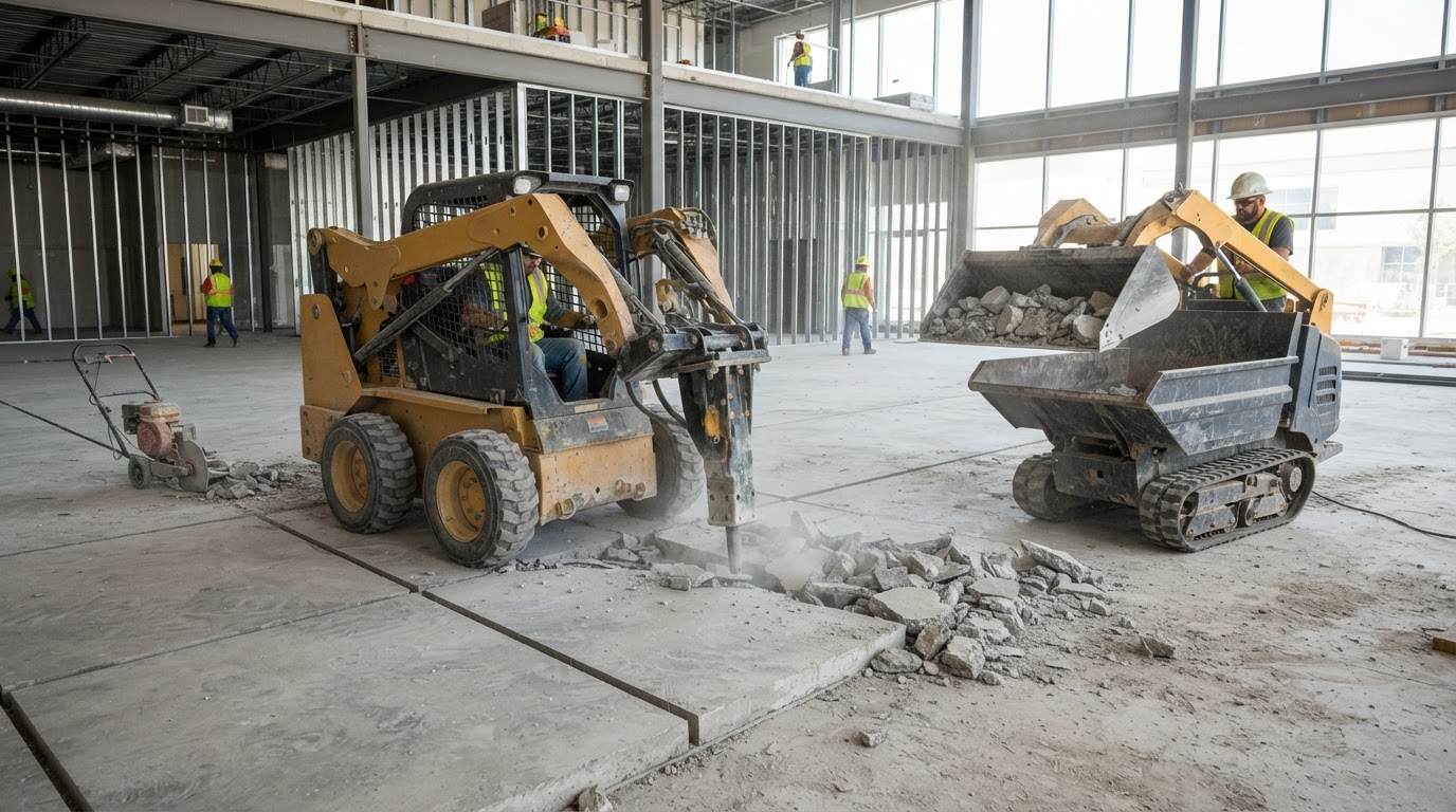 Concrete demolition and removal with compact equipment