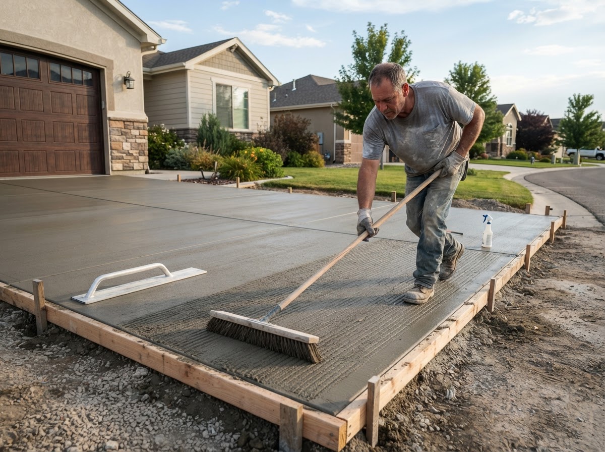 Broom finishing a concrete driveway in St. John