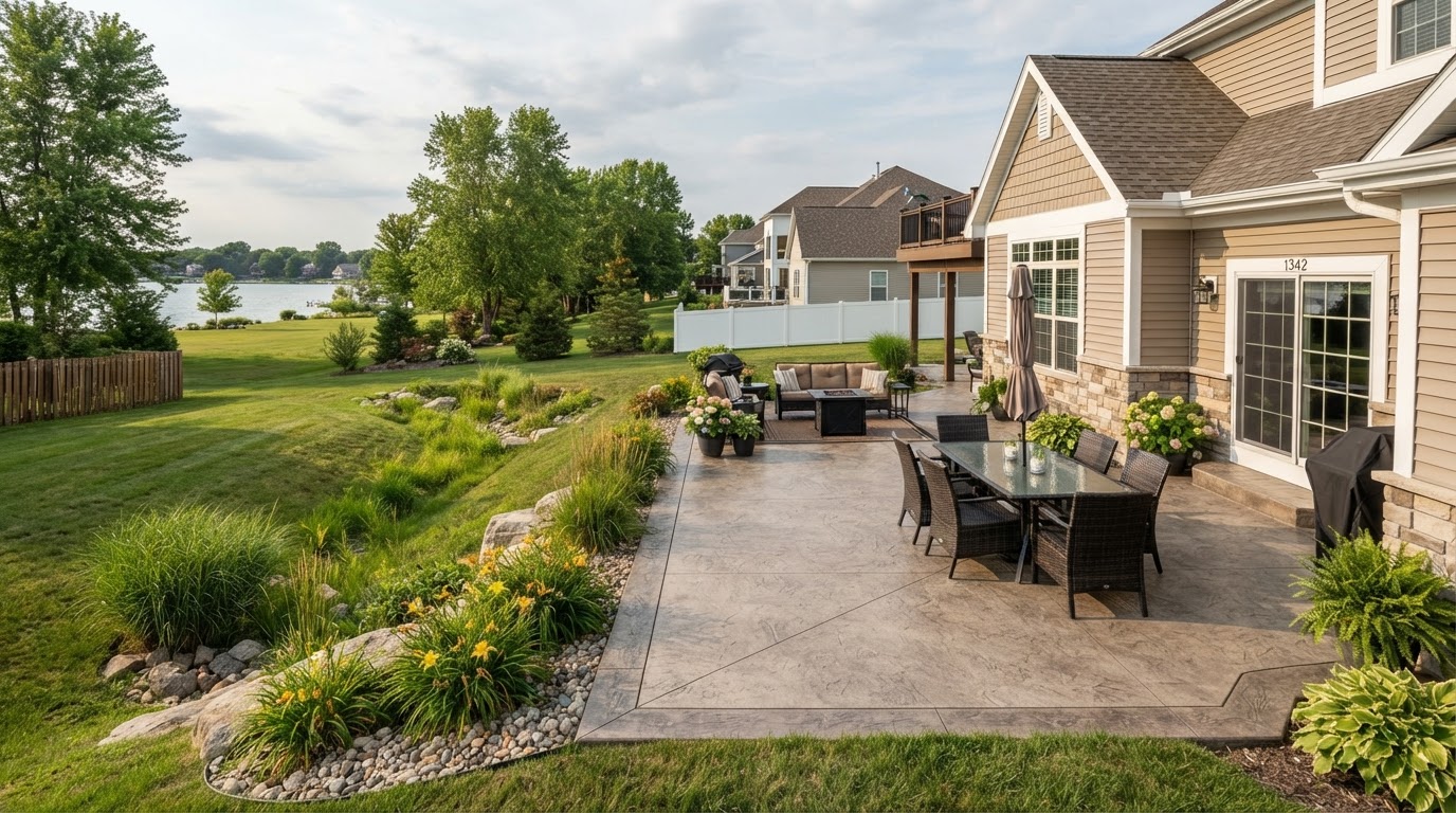 Lake-area style backyard concrete patio in Cedar Lake