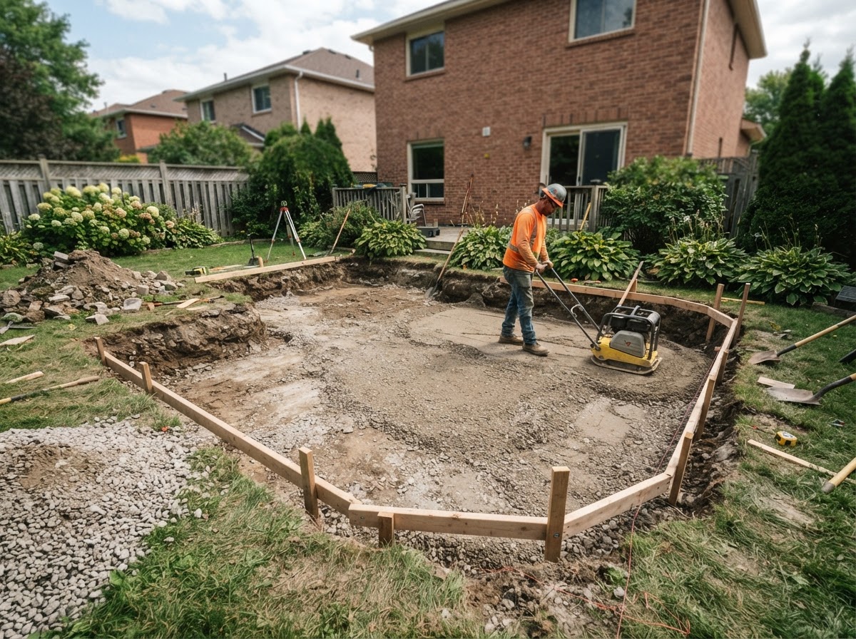 Concrete patio base preparation and grading in Munster
