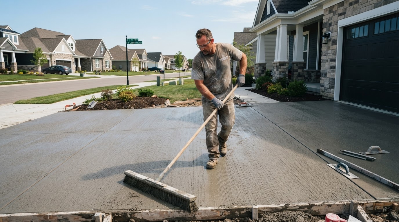 Concrete finisher broom-finishing a driveway in St. John