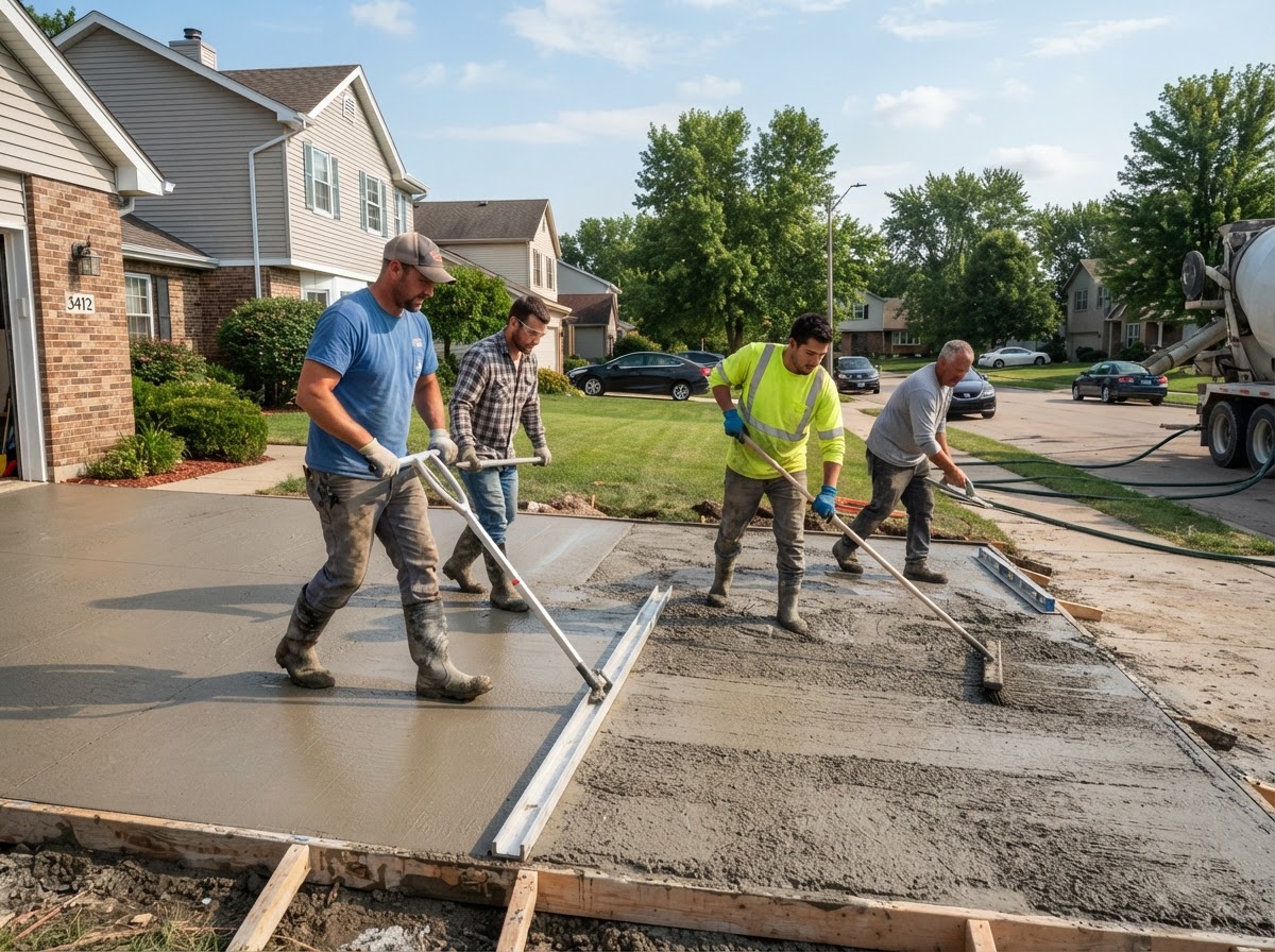 Broom finishing a concrete driveway in Dyer