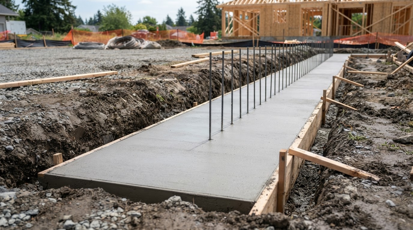 Completed concrete footing for foundation construction