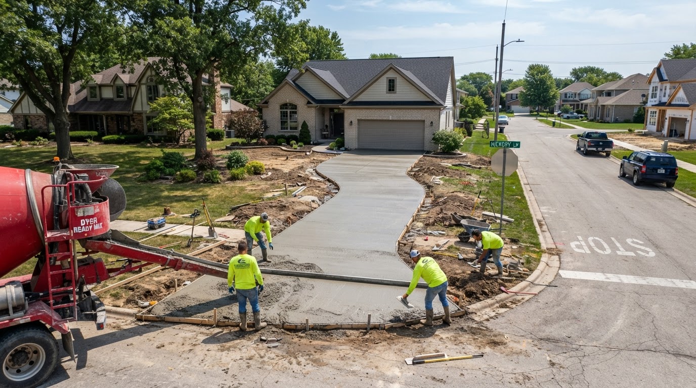 Concrete driveway installation at a Dyer style suburban home