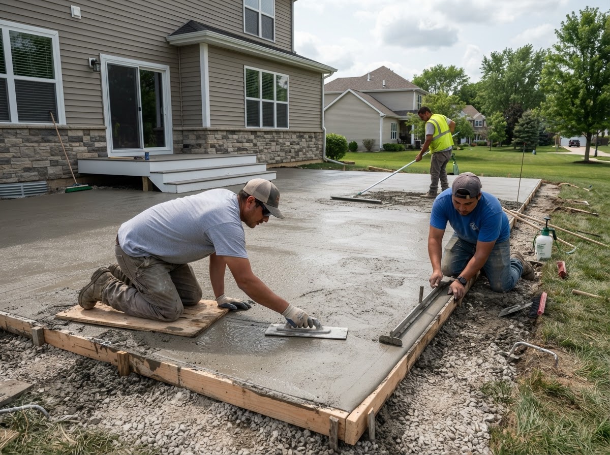 Workers finishing a concrete patio in Crown Point