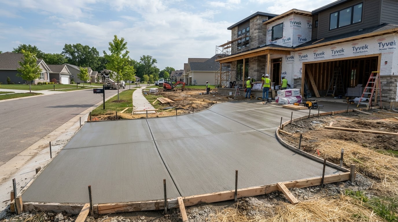 New concrete driveway in a newer Crown Point subdivision with modern home