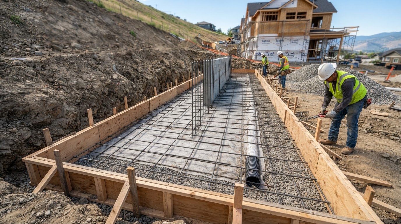 Concrete retaining wall footing and reinforcement