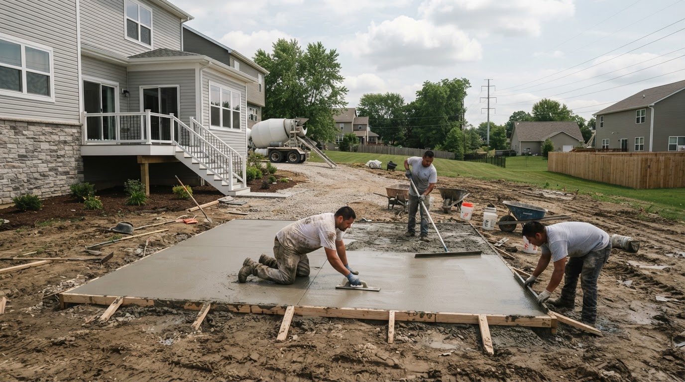 Concrete patio installation in a Crown Point style neighborhood