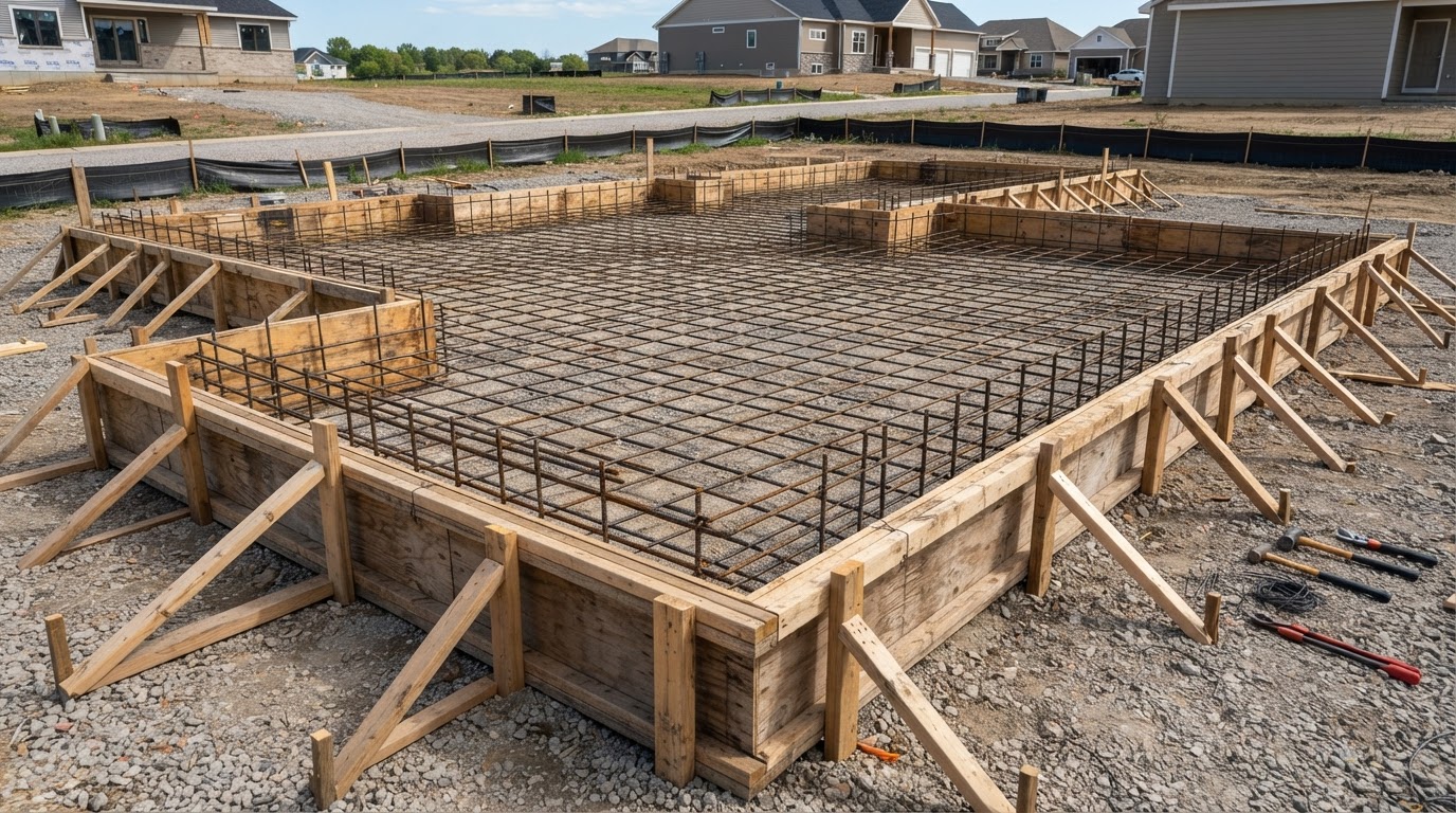 Concrete foundation forms and reinforcement