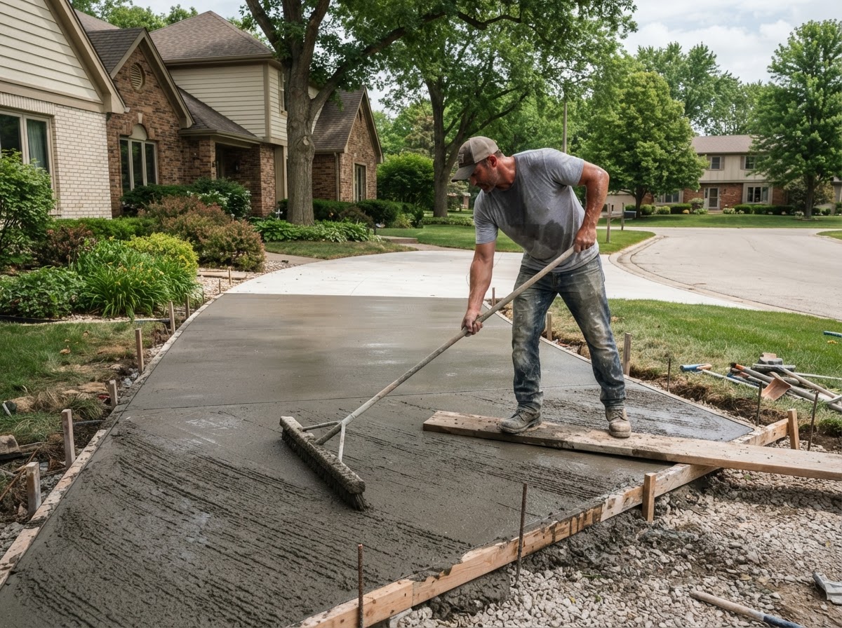 Broom finishing a replacement driveway in Munster