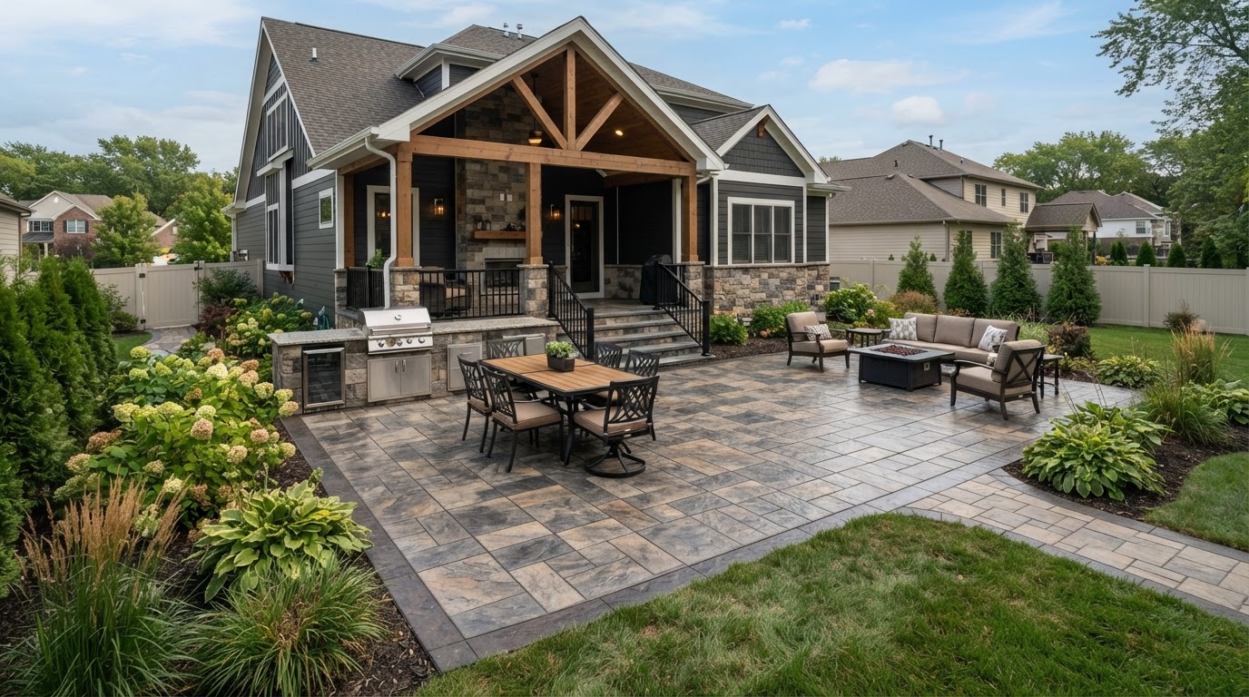 Stamped concrete patio in a newer St. John style home setting
