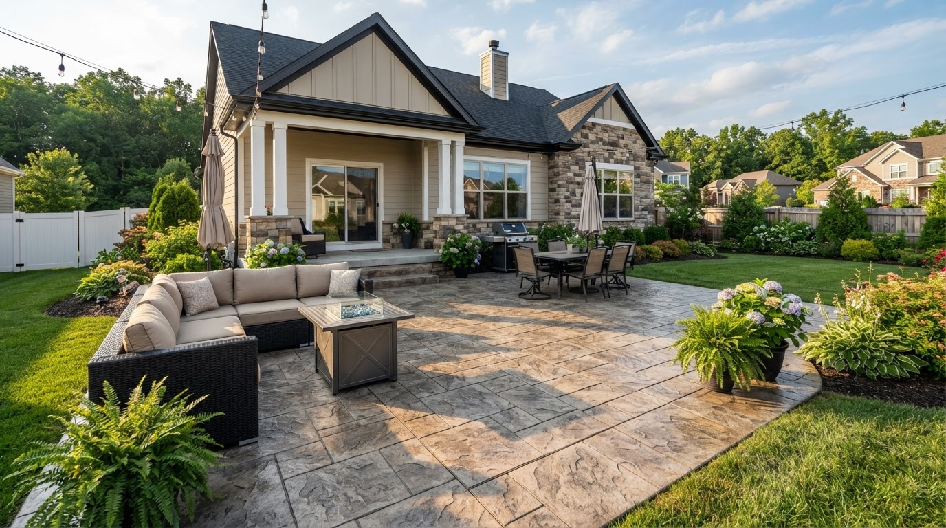 Stamped concrete patio with decorative stone texture in St. John