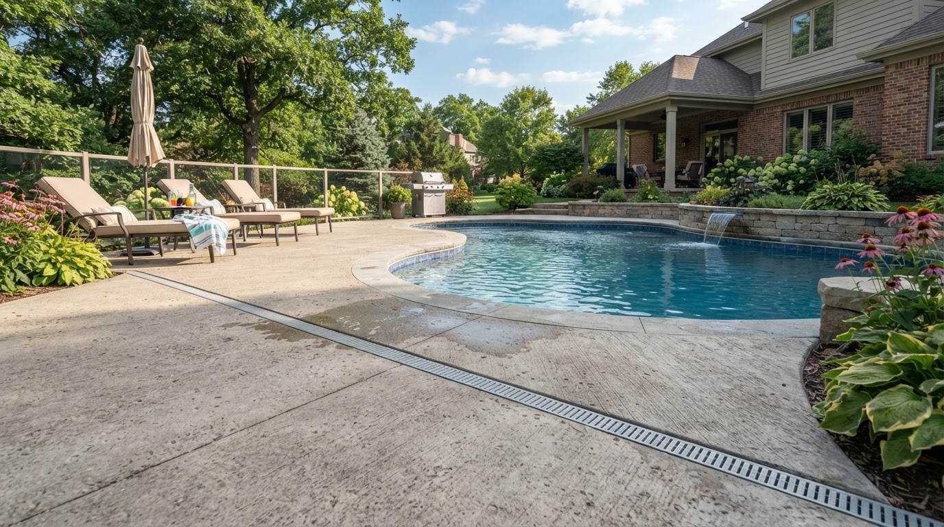Concrete pool deck installation in a Cedar Lake residential setting