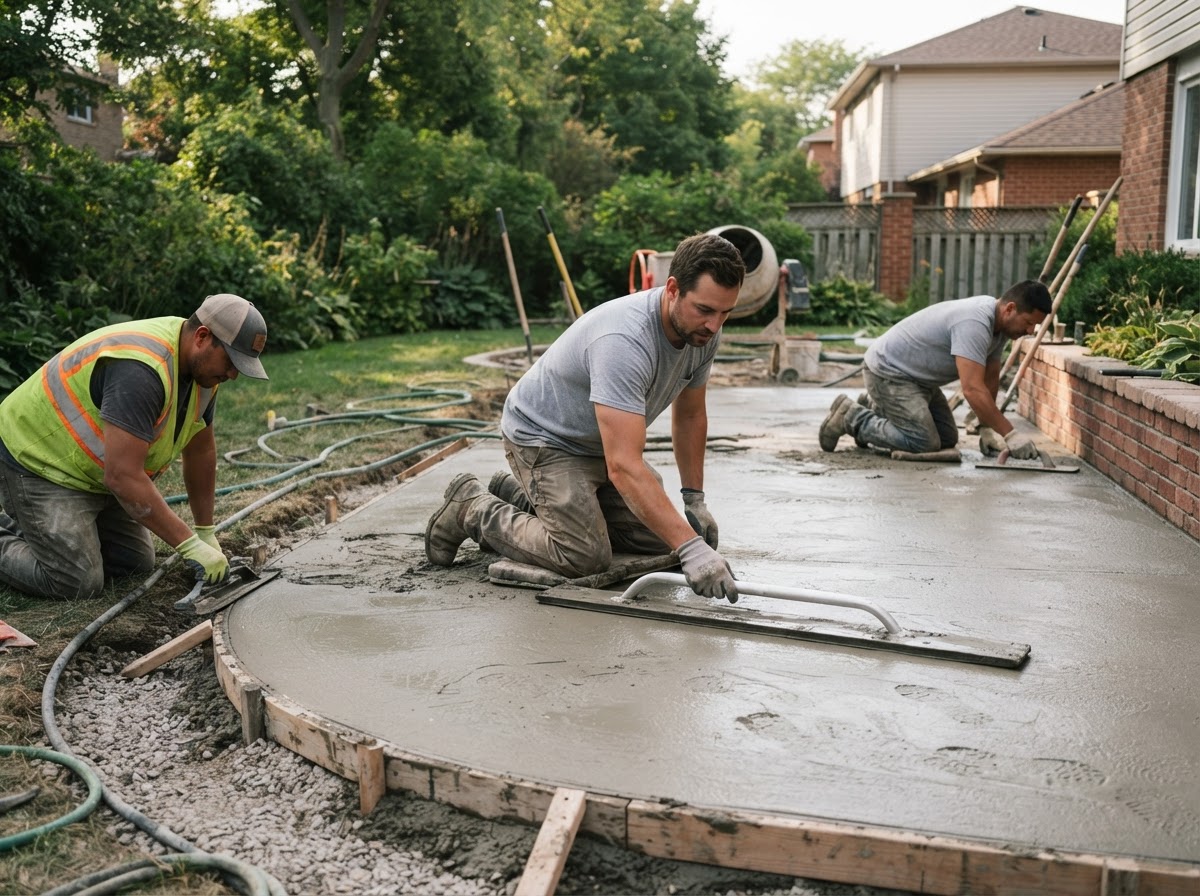 Workers finishing a concrete patio in St. John