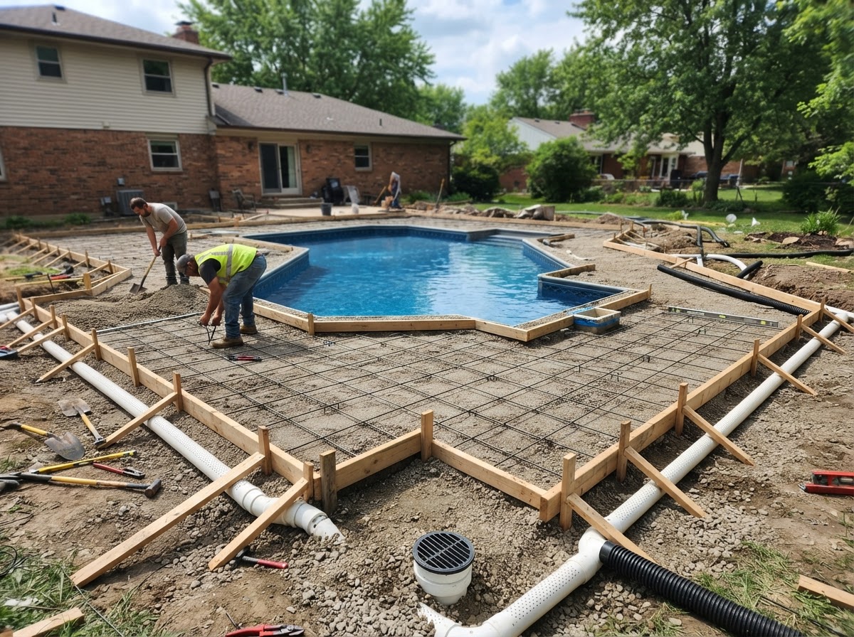 Concrete pool deck base and forms preparation in Cedar Lake