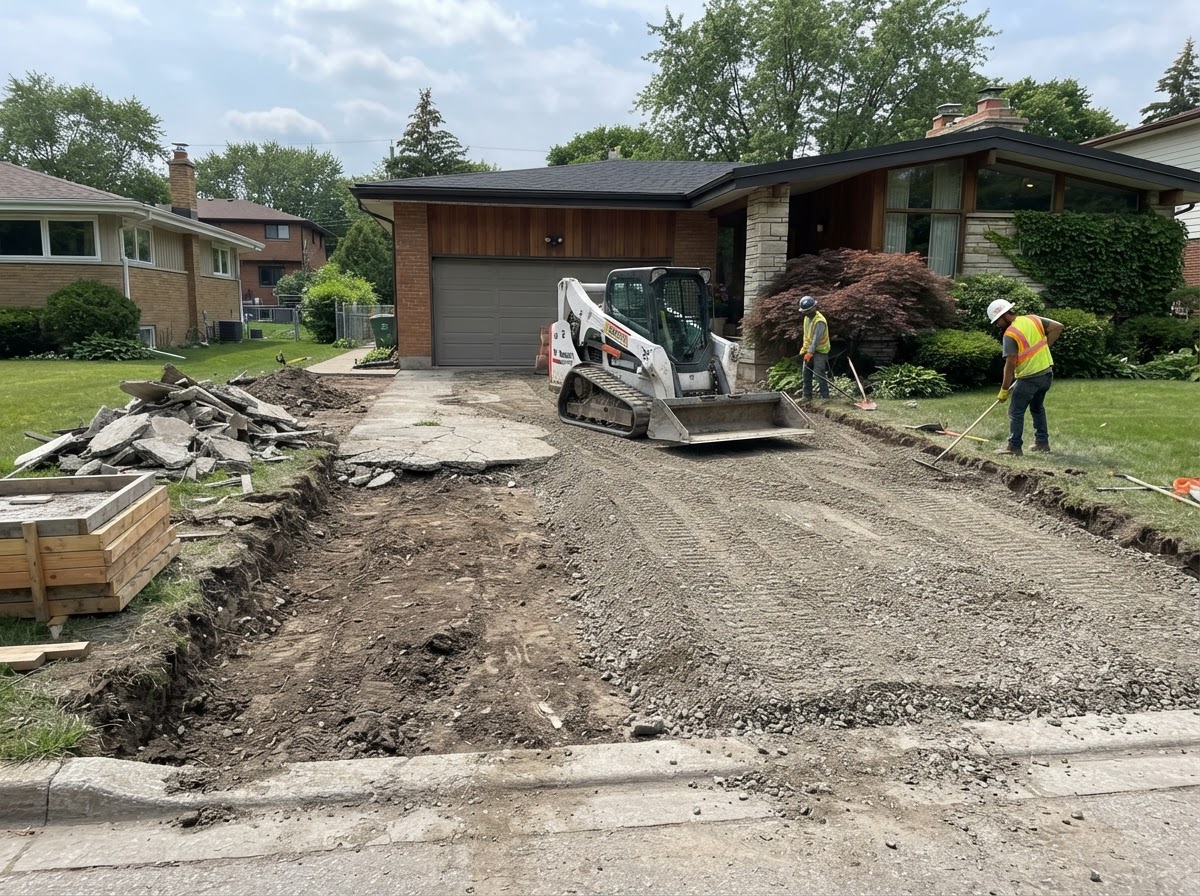 Old driveway removal and base preparation at a mid-century Highland home