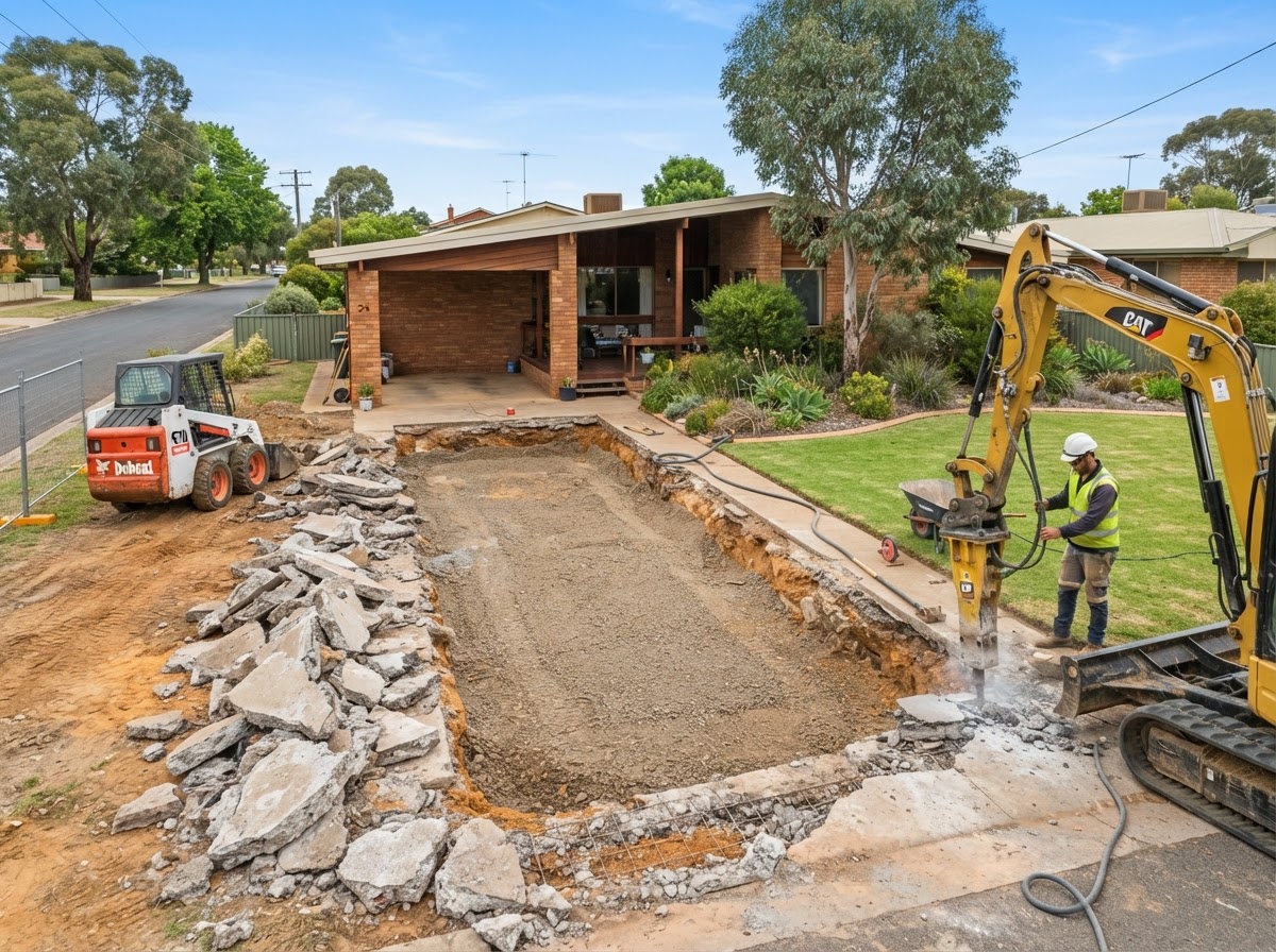Old driveway removal and base preparation at a Griffith home