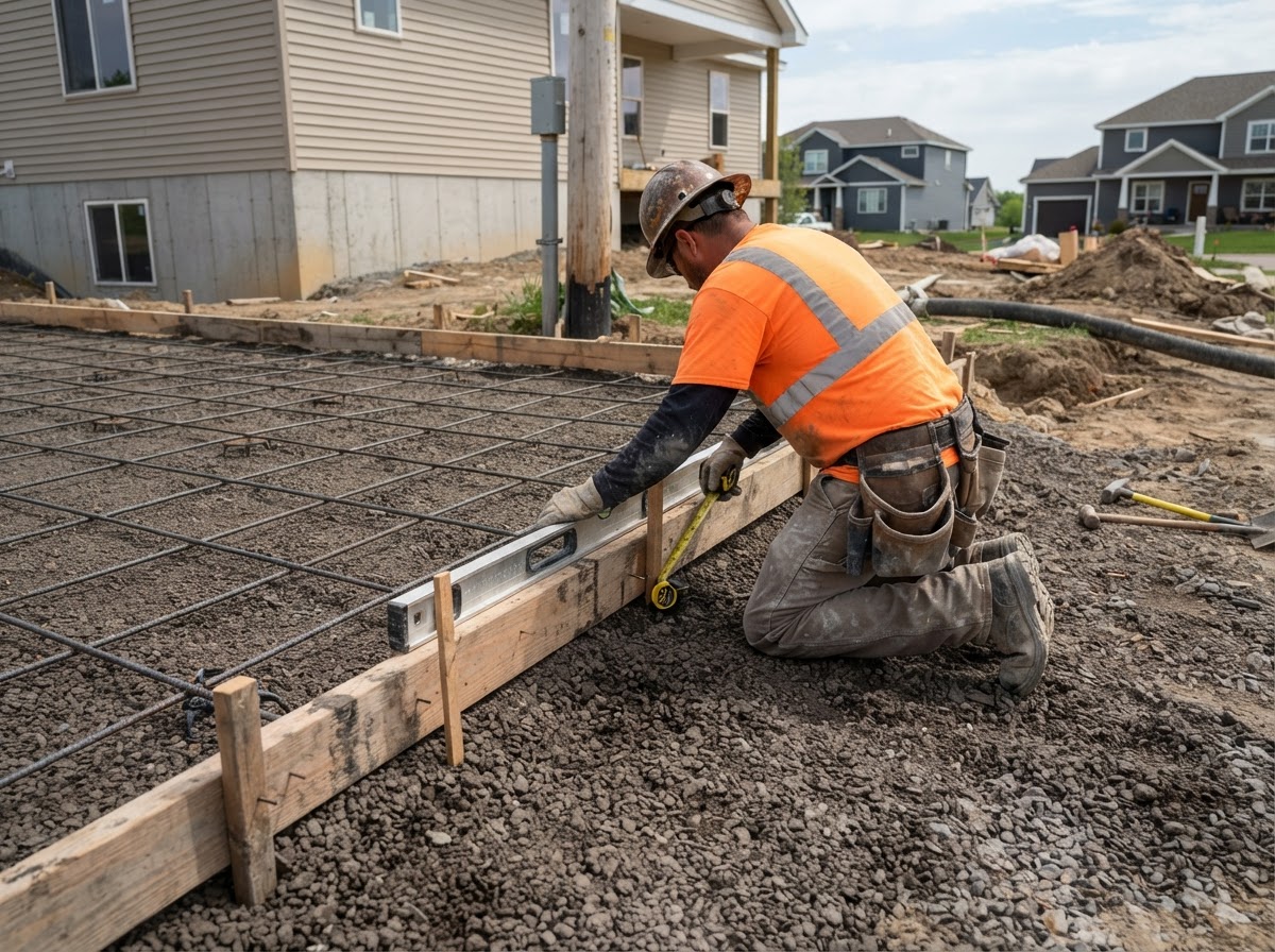 Concrete contractor reviewing forms and base preparation
