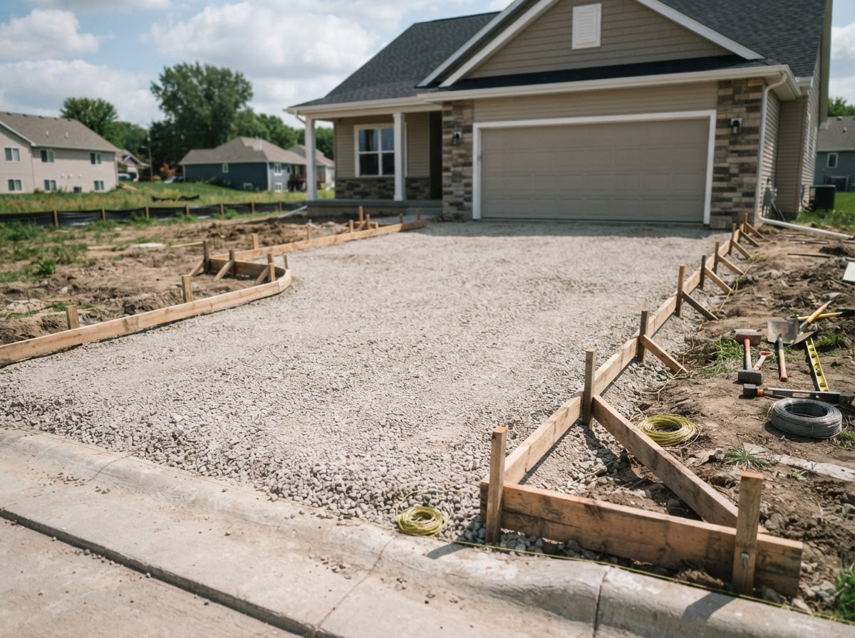 Compacted aggregate base and forms prepared for a St. John concrete driveway